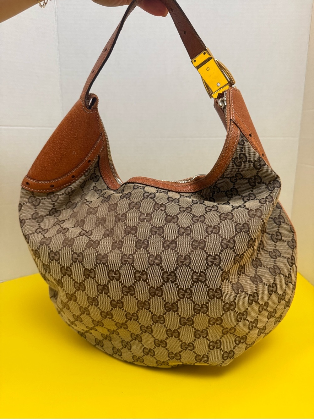 Gucci Brown GG Canvas Hobo with Tan Leather Trim and Gold Buckle